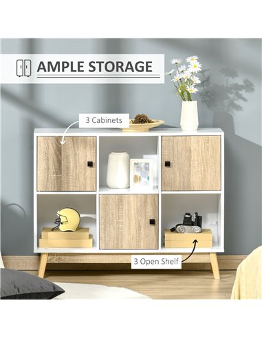 HOMCOM Storage Cabinet, Bookcase, Display Shelf with 6 Storage Cubes & Doors for Dining Room, Living Room, Natural 838-186ND