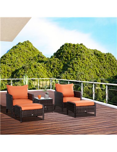 Outsunny 5 Pcs PE Rattan Garden Furniture Set, 2 Armchairs 2 Stools Glass Top Table Cushions Wicker Weave Chairs Outdoor Seating