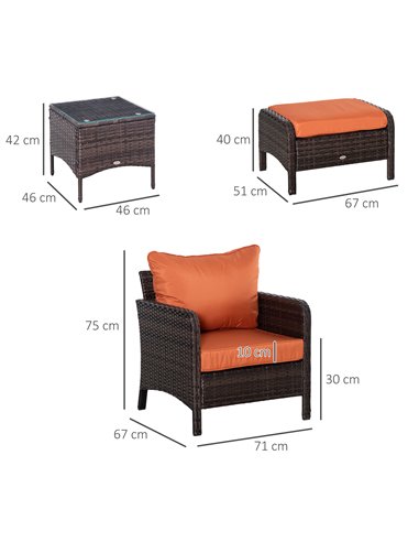 Outsunny 5 Pcs PE Rattan Garden Furniture Set, 2 Armchairs 2 Stools Glass Top Table Cushions Wicker Weave Chairs Outdoor Seating