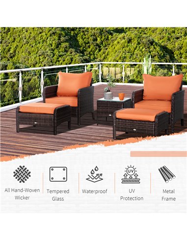 Outsunny 5 Pcs PE Rattan Garden Furniture Set, 2 Armchairs 2 Stools Glass Top Table Cushions Wicker Weave Chairs Outdoor Seating