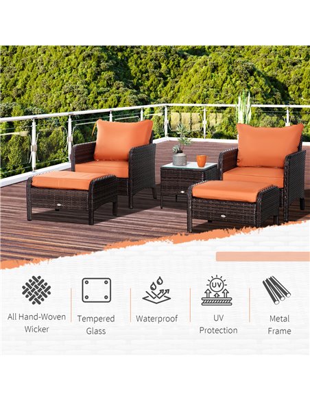 Outsunny 5 Pcs PE Rattan Garden Furniture Set, 2 Armchairs 2 Stools Glass Top Table Cushions Wicker Weave Chairs Outdoor Seating - pic 10163 | FastDaddyshop