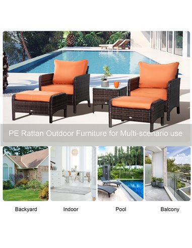 Outsunny 5 Pcs PE Rattan Garden Furniture Set, 2 Armchairs 2 Stools Glass Top Table Cushions Wicker Weave Chairs Outdoor Seating