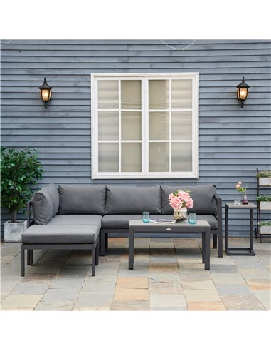 Outsunny 5-Piece L-shaped Garden Furniture Set, Aluminium Conversation Set, Corner Sofa Set with Coffee Table End Table Cushions