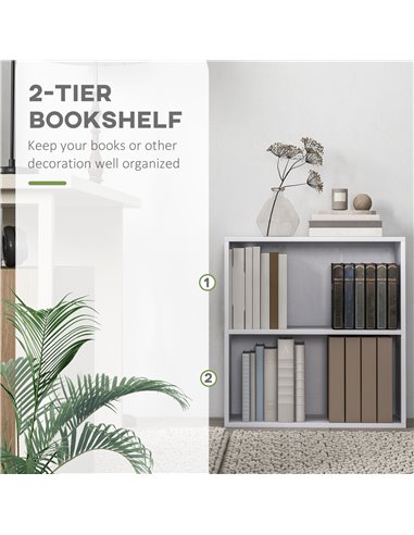 HOMCOM 2 Tier Bookshelf, Low Bookcase with Adjustable Shelf, 2 Compartments for Home Office, Living Room, Study, White 836-565V8