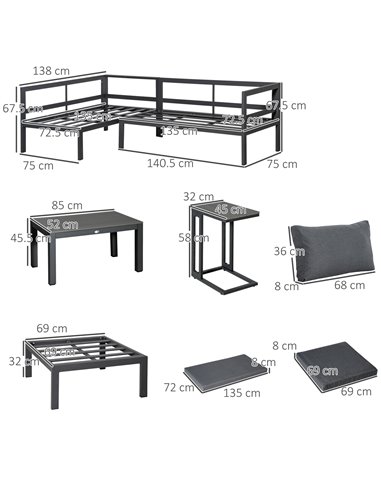 Outsunny 5-Piece L-shaped Garden Furniture Set, Aluminium Conversation Set, Corner Sofa Set with Coffee Table End Table Cushions