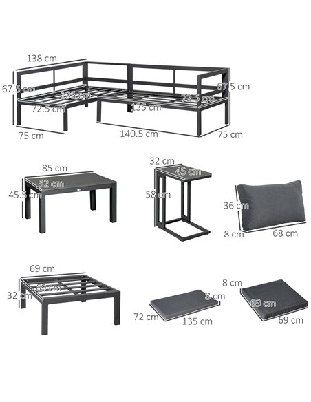 Outsunny 5-Piece L-shaped Garden Furniture Set, Aluminium Conversation Set, Corner Sofa Set with Coffee Table End Table Cushions - pic 10170 | FastDaddyshop