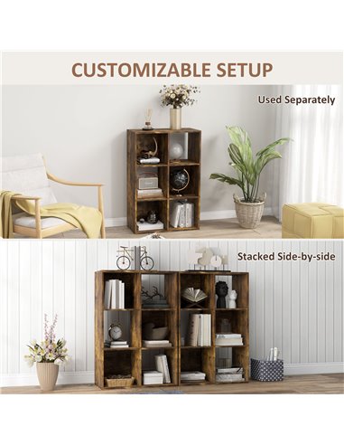 HOMCOM 3-tier 6 Cubes Storage Unit Particle Board Cabinet Bookcase Organiser Home Office Shelves Rustic Brown 833-423V80RB