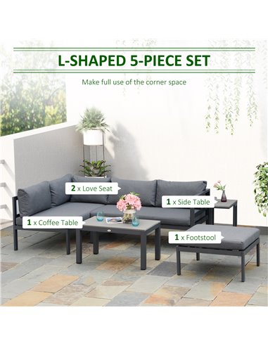 Outsunny 5-Piece L-shaped Garden Furniture Set, Aluminium Conversation Set, Corner Sofa Set with Coffee Table End Table Cushions