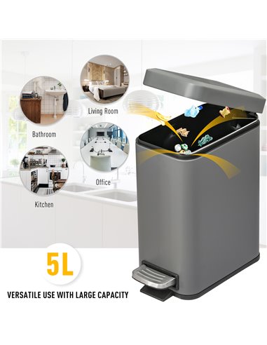 HOMCOM 5L Rectangular Compact Bin Steel Body Removable Bucket Quiet-Close Lid w/ Pedal Lid Rubbish Trash Can Home Office Bedroom