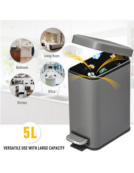HOMCOM 5L Rectangular Compact Bin Steel Body Removable Bucket Quiet-Close Lid w/ Pedal Lid Rubbish Trash Can Home Office Bedroom - pic 101740 | FastDaddyshop