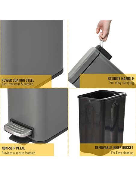 HOMCOM 5L Rectangular Compact Bin Steel Body Removable Bucket Quiet-Close Lid w/ Pedal Lid Rubbish Trash Can Home Office Bedroom - pic 101742 | FastDaddyshop