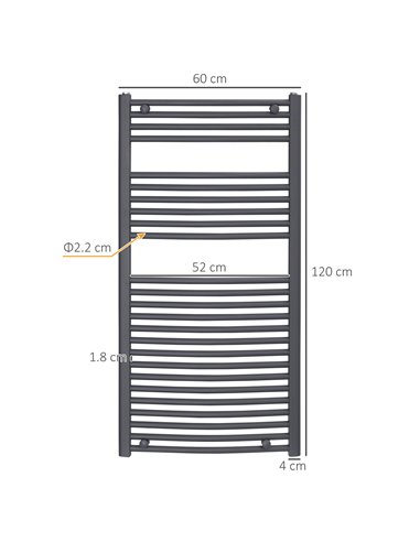 HOMCOM Curved Heated Towel Rail, Hydronic Bathroom Ladder Radiator Towel Warmer For Central Heating 600mm x 1200mm, Grey 850-227