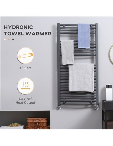 HOMCOM Curved Heated Towel Rail, Hydronic Bathroom Ladder Radiator Towel Warmer For Central Heating 600mm x 1200mm, Grey 850-227