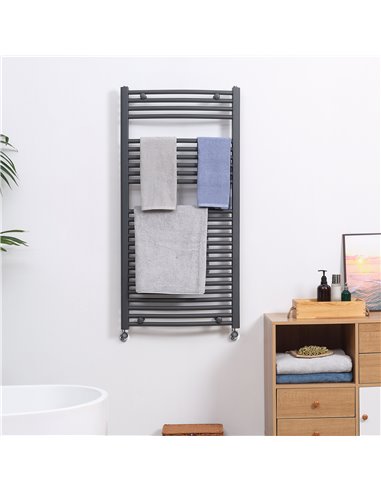 HOMCOM Curved Heated Towel Rail, Hydronic Bathroom Ladder Radiator Towel Warmer For Central Heating 600mm x 1200mm, Grey 850-227