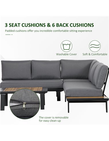 Outsunny 4 Pieces Aluminium Garden Furniture Set Indoor Outdoor L Shape Corner Conversation Set with Coffee Table Cushioned Pati