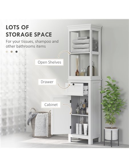 HOMCOM Tall Bathroom Cabinet, Slim Bathroom Storage Cabinet with 2 Open Shelves, Soft Close Door and Drawer, Adjustable Shelf, N - pic 101857 | FastDaddyshop