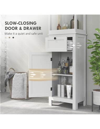 HOMCOM Tall Bathroom Cabinet, Slim Bathroom Storage Cabinet with 2 Open Shelves, Soft Close Door and Drawer, Adjustable Shelf, N