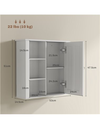 HOMCOM Bathroom Cabinet, Modern Bathroom Wall Cabinet with Adjustable Shelves and Cupboard, 53W x 15D x 51H cm, White 837-506V80