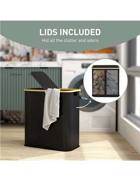 HOMCOM Double Laundry Basket With Lid, 80L Collapsible Laundry Hamper with Groove Handles, Washing Basket for Bathroom, Bedroom, - pic 101894 | FastDaddyshop