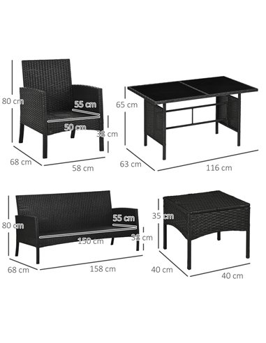 Outsunny 5 Seater Rattan Garden Furniture Set Wicker Sofa Armchairs Footstools and Glass Table Patio Rattan Sofa Sets with Cushi