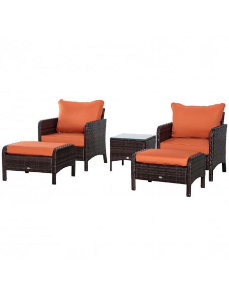 Outsunny 5 Pcs PE Rattan Garden Furniture Set, 2 Armchairs 2 Stools Glass Top Table, Brown - pic 10210 | FastDaddyshop
