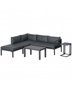 Outsunny 5-Piece L-shaped Garden Furniture Set, Corner Sofa Set with Coffee Table End Table Cushions, Grey Frame