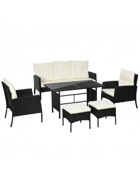 Outsunny 5 Seater Rattan Garden Furniture Set with Wicker Sofa, Armchairs, Footstools and Glass Table, Black - pic 10213 | FastDaddyshop