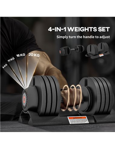 SPORTNOW 2 x 20KG Adjustable Dumbbells Set, 4-in-1 Weights Set with Storage Tray and Non-Slip Handle, Home Gym Fitness Equipment