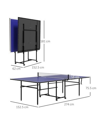 SPORTNOW 9FT Folding Table Tennis Table with Four Wheels, for Indoor Use, Blue A90-351V00BU