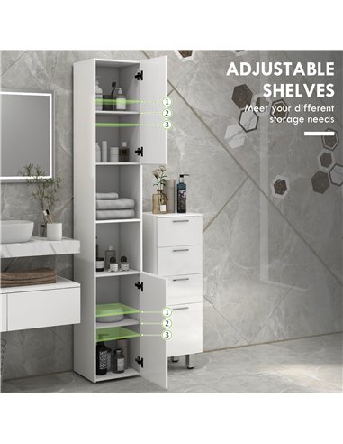 kleankin Multi-Storage Slim Bathroom Cabinet - High Gloss White 834-654V80WT