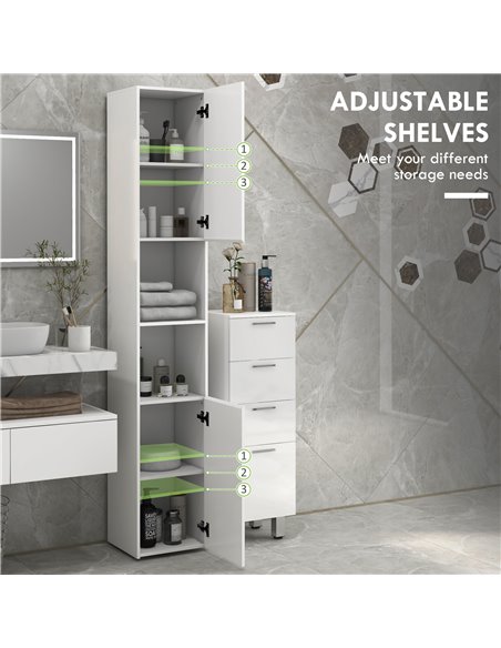 kleankin Multi-Storage Slim Bathroom Cabinet - High Gloss White 834-654V80WT - pic 102497 | FastDaddyshop