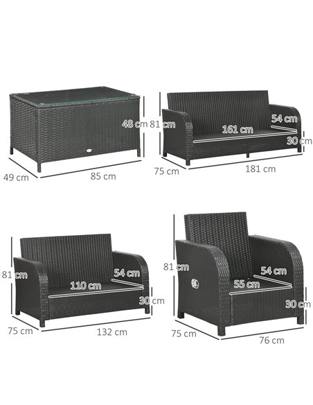 Outsunny 7 Seater Outdoor Rattan Garden Furniture Sets with Wicker Sofa, Reclining Armchair and Glass Table, 181x75x81cm, Black - pic 10255 | FastDaddyshop