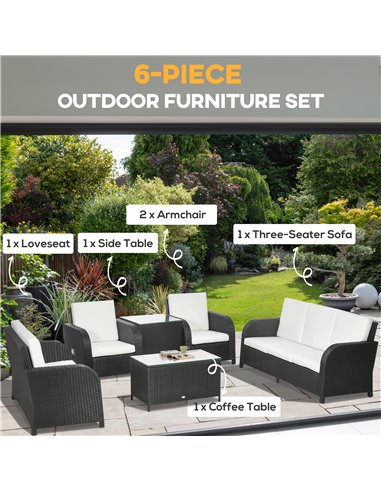 Outsunny 7 Seater Outdoor Rattan Garden Furniture Sets with Wicker Sofa, Reclining Armchair and Glass Table, 181x75x81cm, Black
