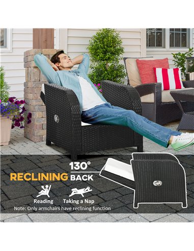 Outsunny 7 Seater Outdoor Rattan Garden Furniture Sets with Wicker Sofa, Reclining Armchair and Glass Table, 181x75x81cm, Black