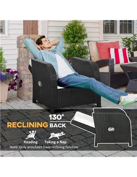 Outsunny 7 Seater Outdoor Rattan Garden Furniture Sets with Wicker Sofa, Reclining Armchair and Glass Table, 181x75x81cm, Black - pic 10257 | FastDaddyshop