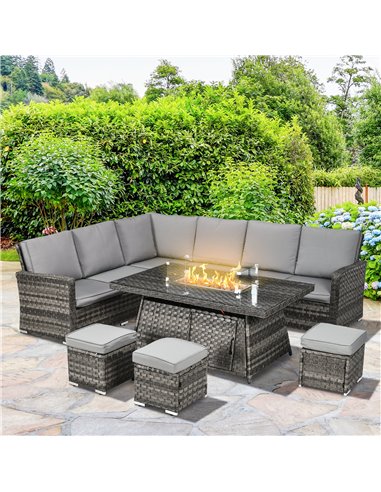 Outsunny 7 Pieces PE Rattan Garden Furniture Set, 50,000 BTU Gas Fire Pit Table, Double Corner Sofa, 3 Footstools, 6 Seater Furn