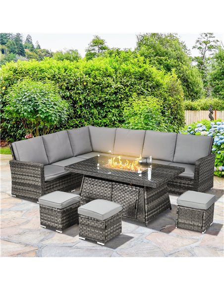 Outsunny 7 Pieces PE Rattan Garden Furniture Set, 50,000 BTU Gas Fire Pit Table, Double Corner Sofa, 3 Footstools, 6 Seater Furn - pic 10262 | FastDaddyshop