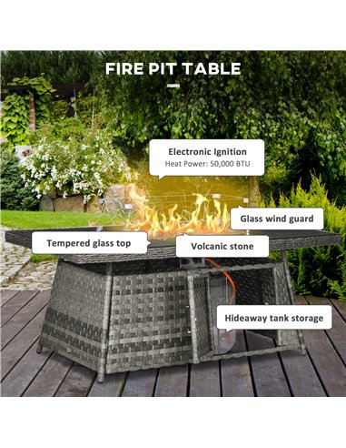 Outsunny 7 Pieces PE Rattan Garden Furniture Set, 50,000 BTU Gas Fire Pit Table, Double Corner Sofa, 3 Footstools, 6 Seater Furn