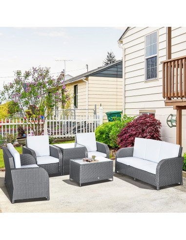 Outsunny 7 Seater Outdoor Rattan Garden Furniture Sets with Wicker Sofa, Reclining Armchair and Glass Table, Grey
