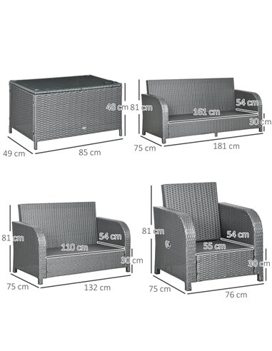 Outsunny 7 Seater Outdoor Rattan Garden Furniture Sets with Wicker Sofa, Reclining Armchair and Glass Table, Grey