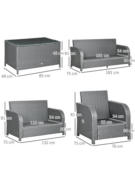 Outsunny 7 Seater Outdoor Rattan Garden Furniture Sets with Wicker Sofa, Reclining Armchair and Glass Table, Grey - pic 10271 | FastDaddyshop