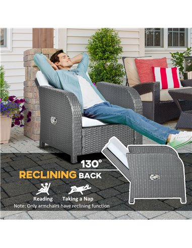 Outsunny 7 Seater Outdoor Rattan Garden Furniture Sets with Wicker Sofa, Reclining Armchair and Glass Table, Grey