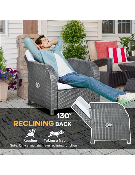 Outsunny 7 Seater Outdoor Rattan Garden Furniture Sets with Wicker Sofa, Reclining Armchair and Glass Table, Grey - pic 10273 | FastDaddyshop