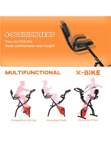 HOMCOM 2-in-1 Folding Exercise Bike with 8-Level Magnetic Resistance, Arm Resistance Band, Pulse Sensor, Red A90-196RD