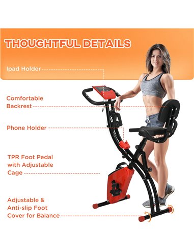 HOMCOM 2-in-1 Folding Exercise Bike with 8-Level Magnetic Resistance, Arm Resistance Band, Pulse Sensor, Red A90-196RD