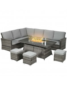 Outsunny 7 Pieces PE Rattan Garden Furniture Set with 50,000 BTU Gas Fire Pit Table, Grey