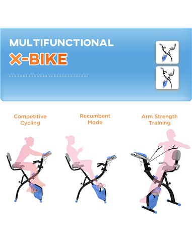 HOMCOM 2-in-1 Folding Exercise Bike with 8-Level Magnetic Resistance, Arm Resistance Band, Pulse Sensor, Blue A90-196LB