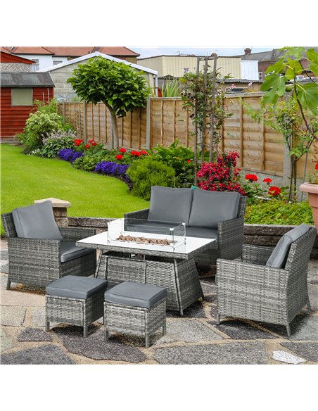 Outsunny 6 Seater Rattan Garden Furniture Set, Gas Fire Pit Table, Wicker Loveseat, 2 Armchairs and 2 Footstools, 6 Piece Patio  - pic 10289 | FastDaddyshop
