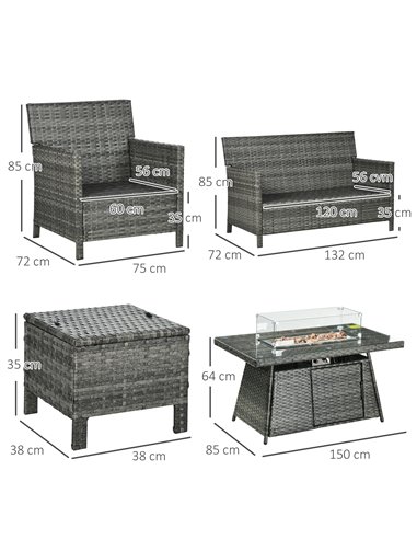 Outsunny 6 Seater Rattan Garden Furniture Set, Gas Fire Pit Table, Wicker Loveseat, 2 Armchairs and 2 Footstools, 6 Piece Patio 