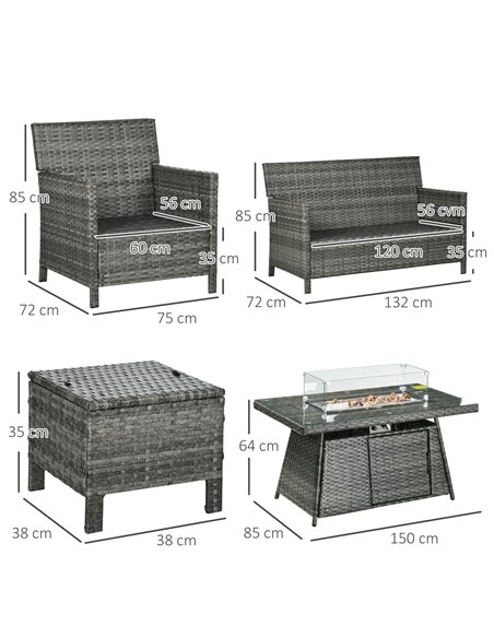 Outsunny 6 Seater Rattan Garden Furniture Set, Gas Fire Pit Table, Wicker Loveseat, 2 Armchairs and 2 Footstools, 6 Piece Patio  - pic 10290 | FastDaddyshop
